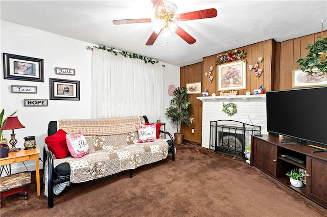 1405 Bellaire Pl, Brookline, PA 15226 - living area with a ceiling fan, carpet, a fireplace, and wood walls