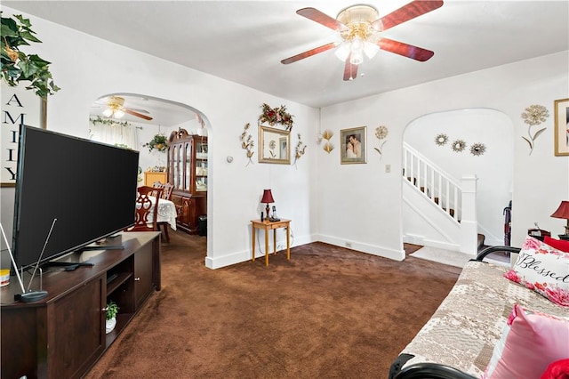 1405 Bellaire Pl, Brookline, PA 15226 - carpeted living area featuring ceiling fan, arched walkways, stairway, and baseboards