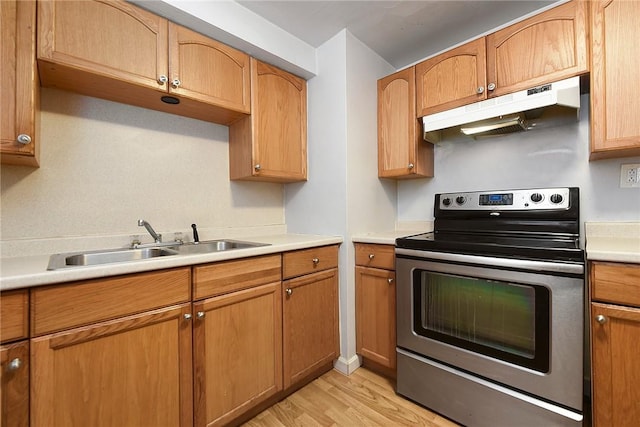 kitchen featuring stainless steel electric stove, sink, and light hardwood / wood-style flooring