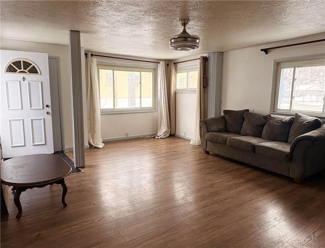 living room featuring a textured ceiling and hardwood / wood-style flooring