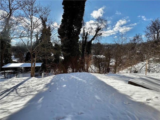 view of yard layered in snow