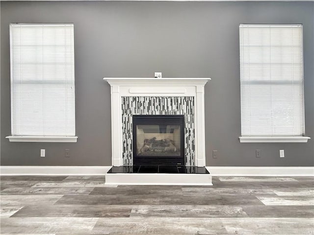 room details featuring a tiled fireplace and hardwood / wood-style flooring