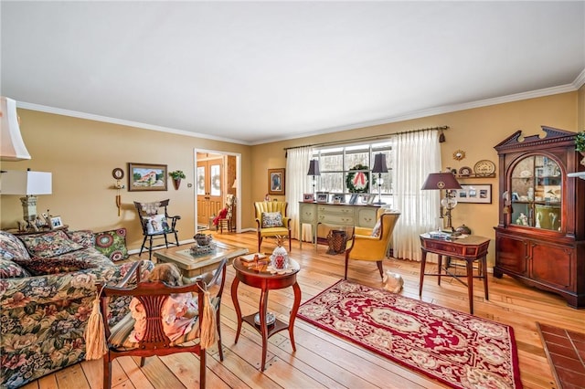 living room featuring light hardwood / wood-style floors and crown molding