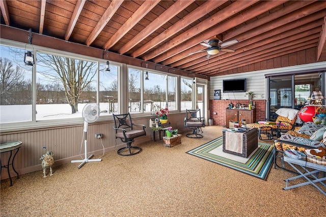 sunroom / solarium with wood ceiling, ceiling fan, and lofted ceiling with beams