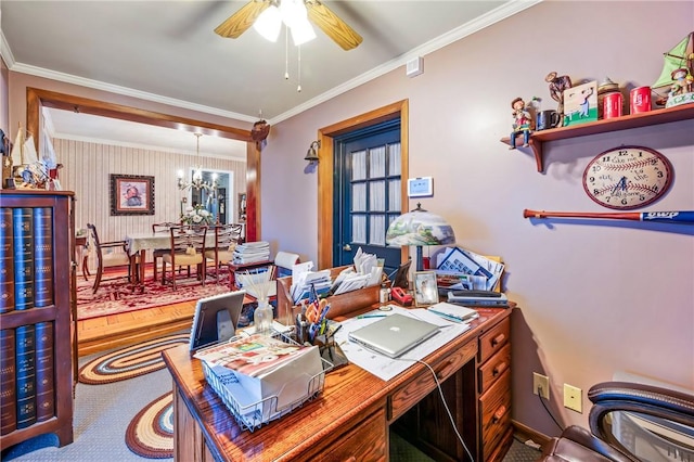 office with ceiling fan with notable chandelier and ornamental molding