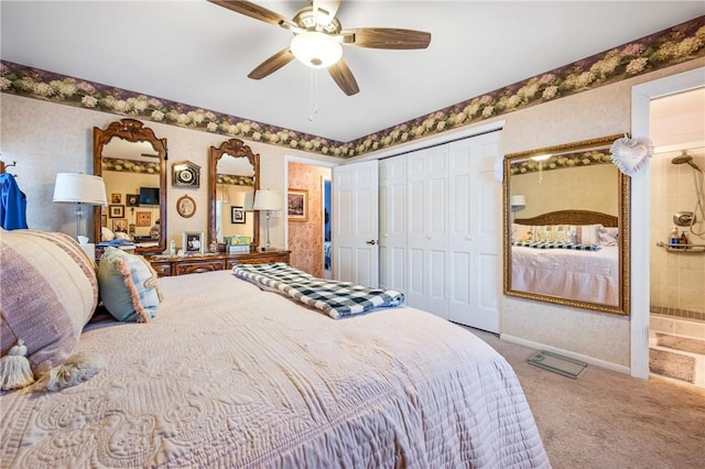 carpeted bedroom with ceiling fan and a closet