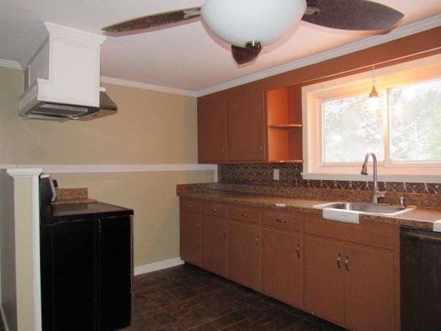 kitchen with dishwasher, decorative backsplash, crown molding, and sink