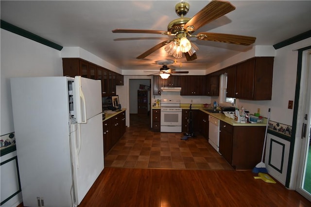 kitchen featuring dark hardwood / wood-style floors, ceiling fan, dark brown cabinets, and white appliances