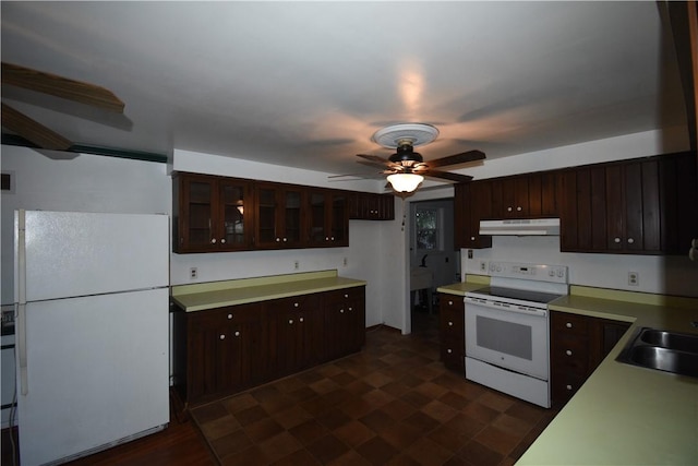 kitchen with dark brown cabinetry, white appliances, ceiling fan, and sink