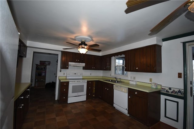 kitchen featuring dark brown cabinetry, ceiling fan, sink, and white appliances