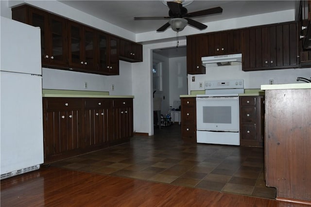 kitchen featuring ceiling fan, dark hardwood / wood-style flooring, dark brown cabinetry, and white appliances