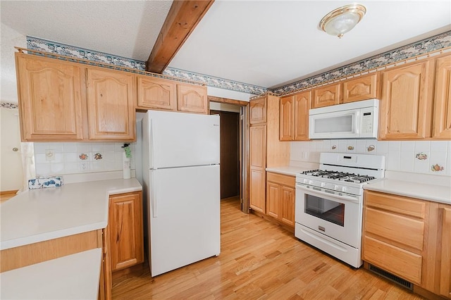 kitchen with decorative backsplash, beam ceiling, light wood-type flooring, and white appliances