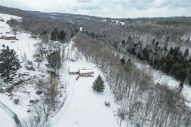 snowy aerial view with a mountain view