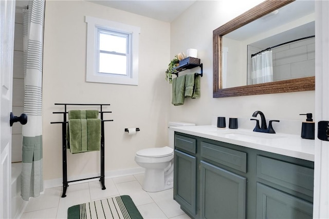 bathroom with tile patterned flooring, vanity, a shower with shower curtain, and toilet