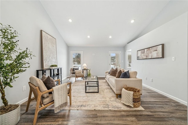 living room with wood-type flooring and lofted ceiling