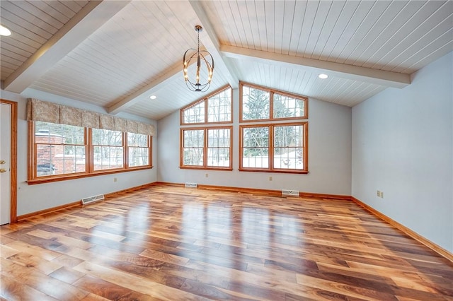 unfurnished living room with vaulted ceiling with beams, hardwood / wood-style flooring, a notable chandelier, and wood ceiling