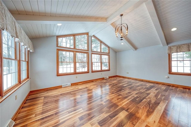 unfurnished living room featuring wood-type flooring, vaulted ceiling with beams, a notable chandelier, and wood ceiling