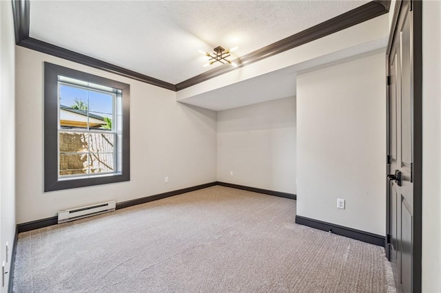 unfurnished room with light colored carpet, ornamental molding, a textured ceiling, and a baseboard radiator