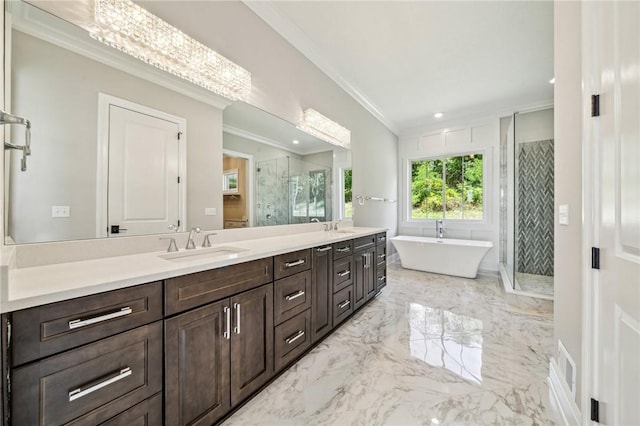 bathroom with vanity, ornamental molding, plus walk in shower, and an inviting chandelier