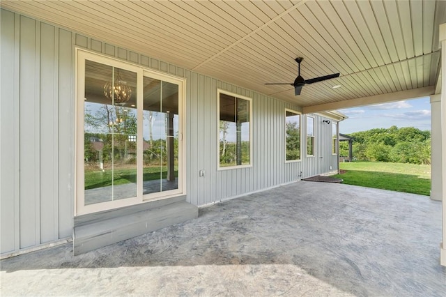 view of patio featuring ceiling fan