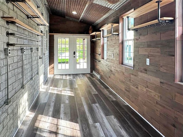 entryway with french doors, baseboard heating, wooden ceiling, dark hardwood / wood-style floors, and lofted ceiling