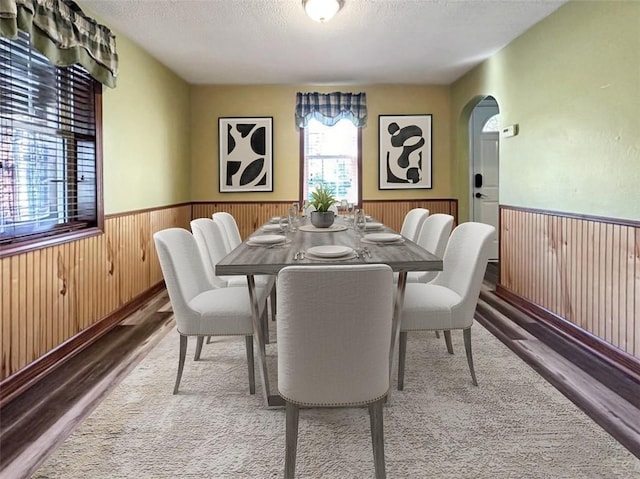 dining room featuring hardwood / wood-style floors and a textured ceiling