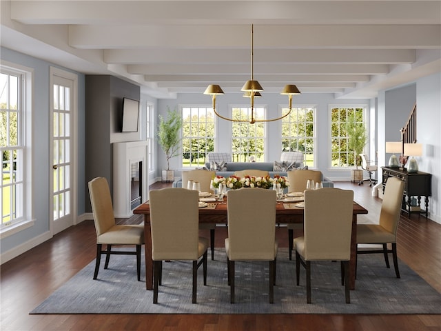 dining space with an inviting chandelier, a fireplace, dark hardwood / wood-style flooring, and beam ceiling