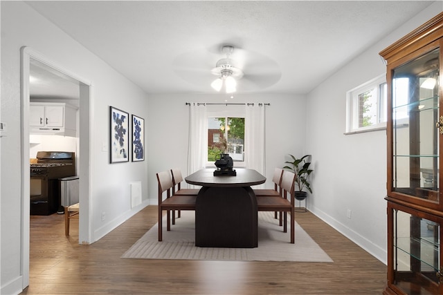 dining space with ceiling fan, a healthy amount of sunlight, and wood-type flooring