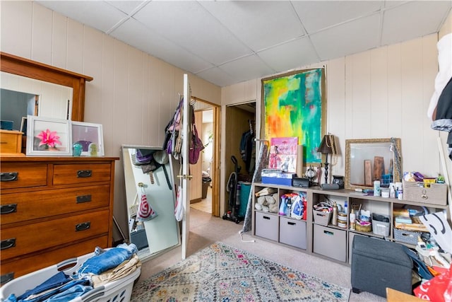 misc room featuring light carpet, a paneled ceiling, and wooden walls