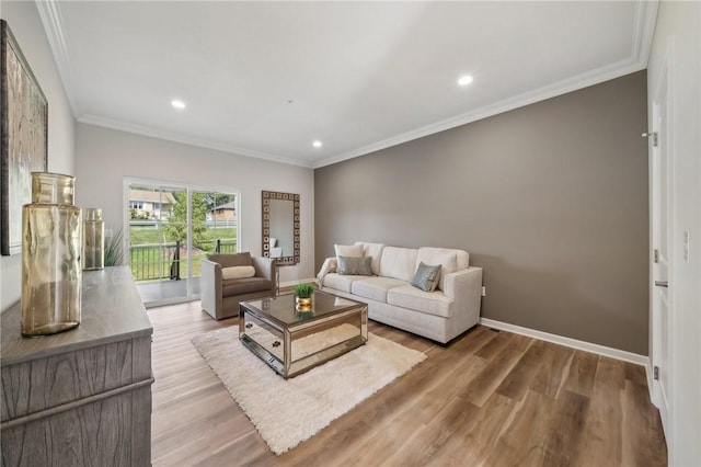 living room featuring hardwood / wood-style flooring and crown molding