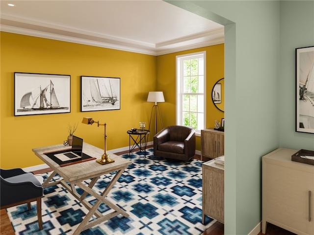 office with crown molding and wood-type flooring