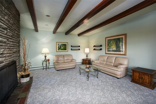 living room with carpet floors, a stone fireplace, beamed ceiling, and a baseboard heating unit