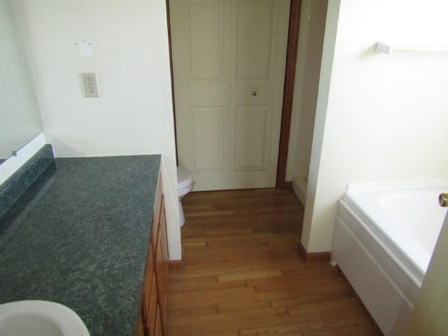 bathroom with wood-type flooring, vanity, toilet, and a bathing tub