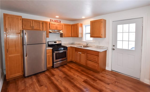 kitchen with sink, stainless steel appliances, and dark hardwood / wood-style floors