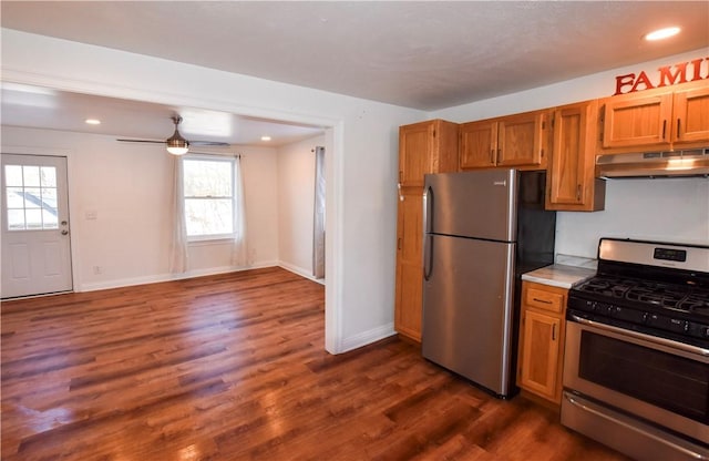 kitchen with ceiling fan, dark wood-type flooring, and appliances with stainless steel finishes