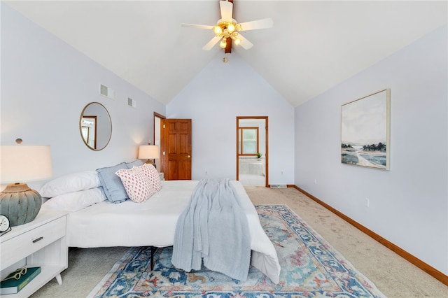 bedroom with carpet flooring, connected bathroom, ceiling fan, and lofted ceiling