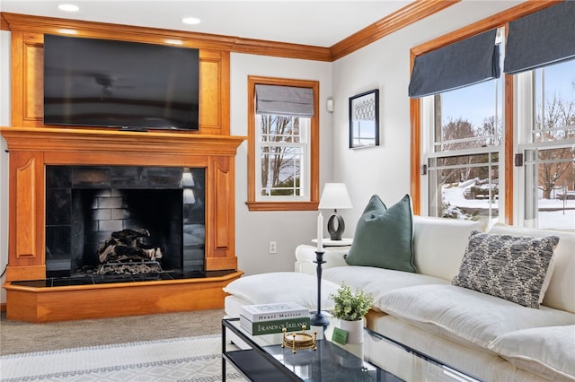 living room with crown molding and a fireplace