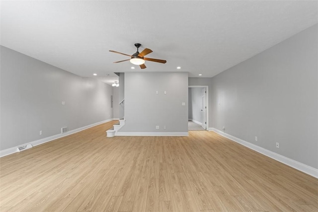 unfurnished living room with ceiling fan and light hardwood / wood-style floors