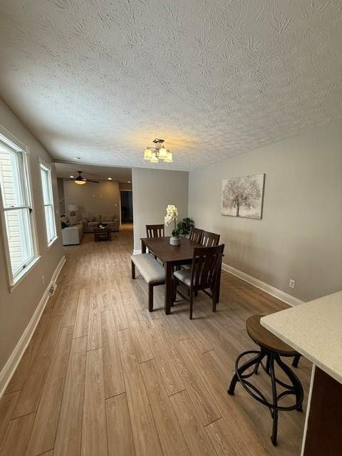 dining area with ceiling fan, light wood-type flooring, and a textured ceiling