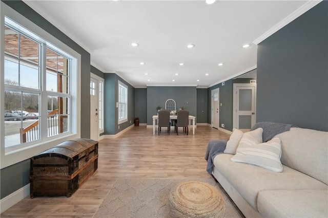 living room featuring plenty of natural light, light hardwood / wood-style flooring, and ornamental molding