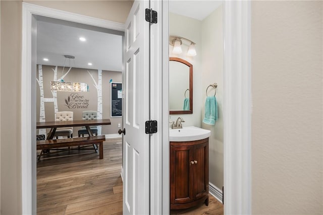 bathroom with hardwood / wood-style floors and vanity