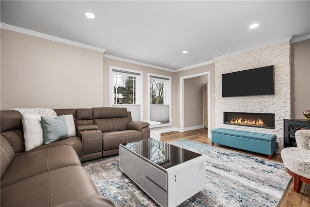 living room with crown molding, a fireplace, and light hardwood / wood-style flooring