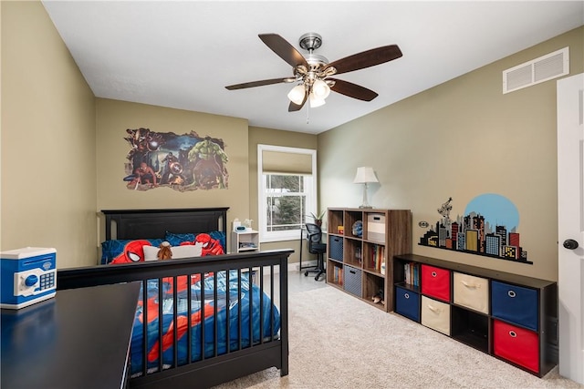 bedroom featuring carpet flooring and ceiling fan