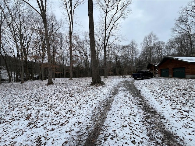 snowy yard with an outdoor structure and a garage