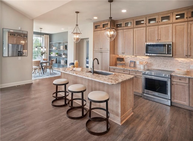 kitchen featuring appliances with stainless steel finishes, a kitchen breakfast bar, light stone counters, sink, and a center island with sink