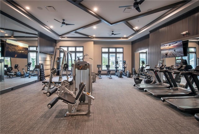 gym with ceiling fan and carpet floors