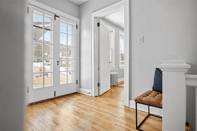 doorway to outside featuring french doors, light hardwood / wood-style flooring, and radiator