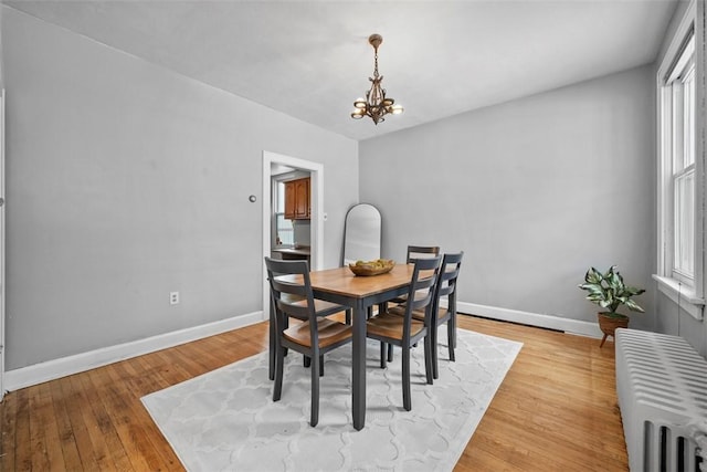 dining room featuring light wood-type flooring, radiator heating unit, and a chandelier