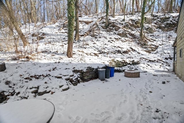 yard layered in snow with an outdoor fire pit