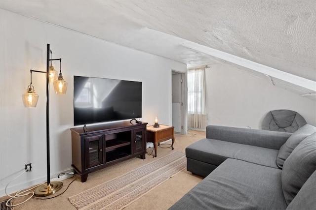 living room with light carpet, a textured ceiling, and lofted ceiling